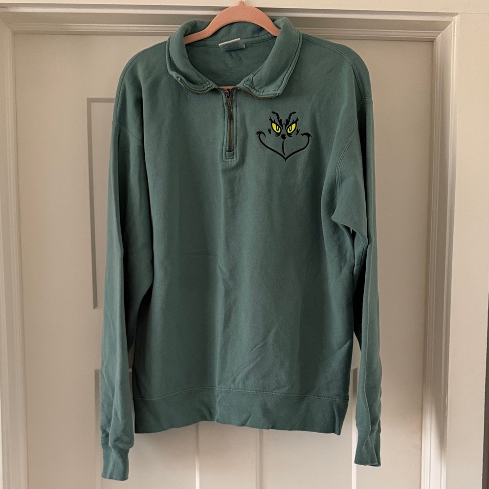 Stylish Green Embroidered Grinch Half-Zip Sweatshirt